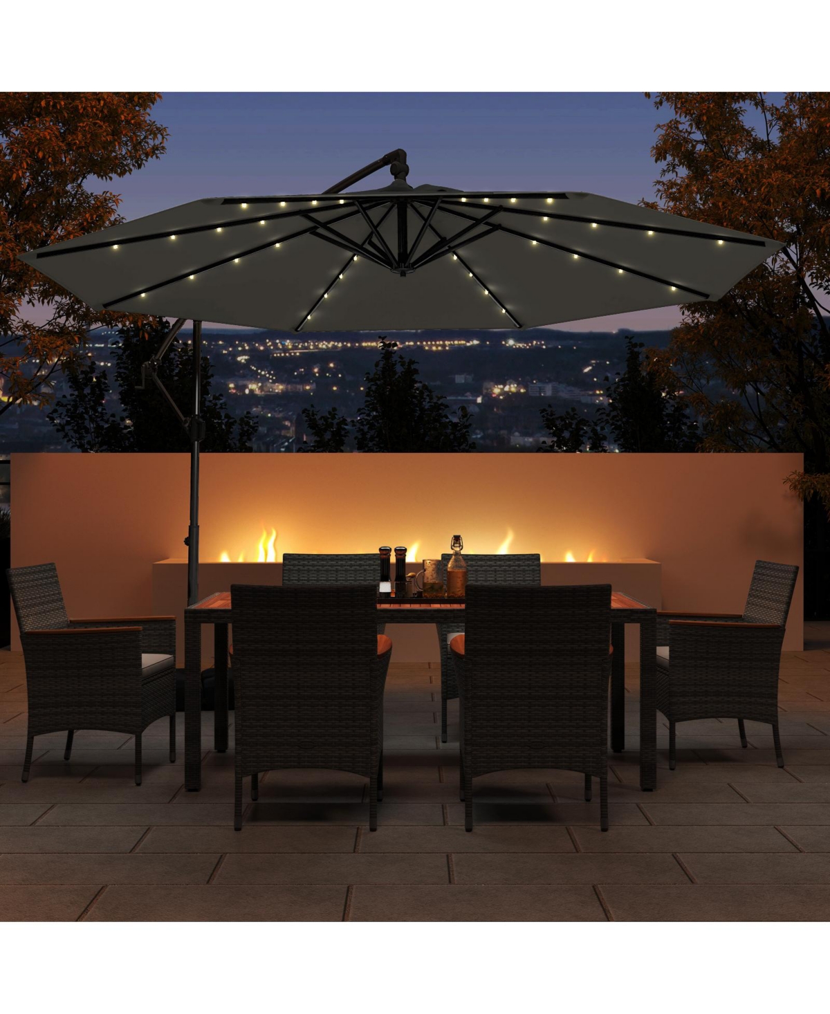 10 Feet Solar Offset Hanging Umbrella with Base and 32 Led Lights For Patio