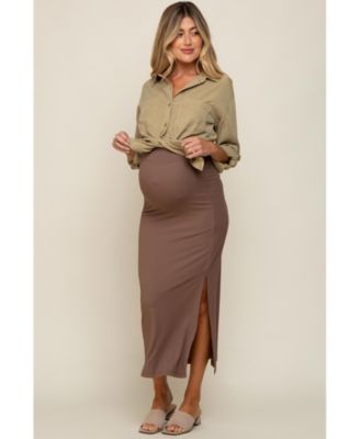 Maternity Mocha Ribbed Side Slit Midi Skirt