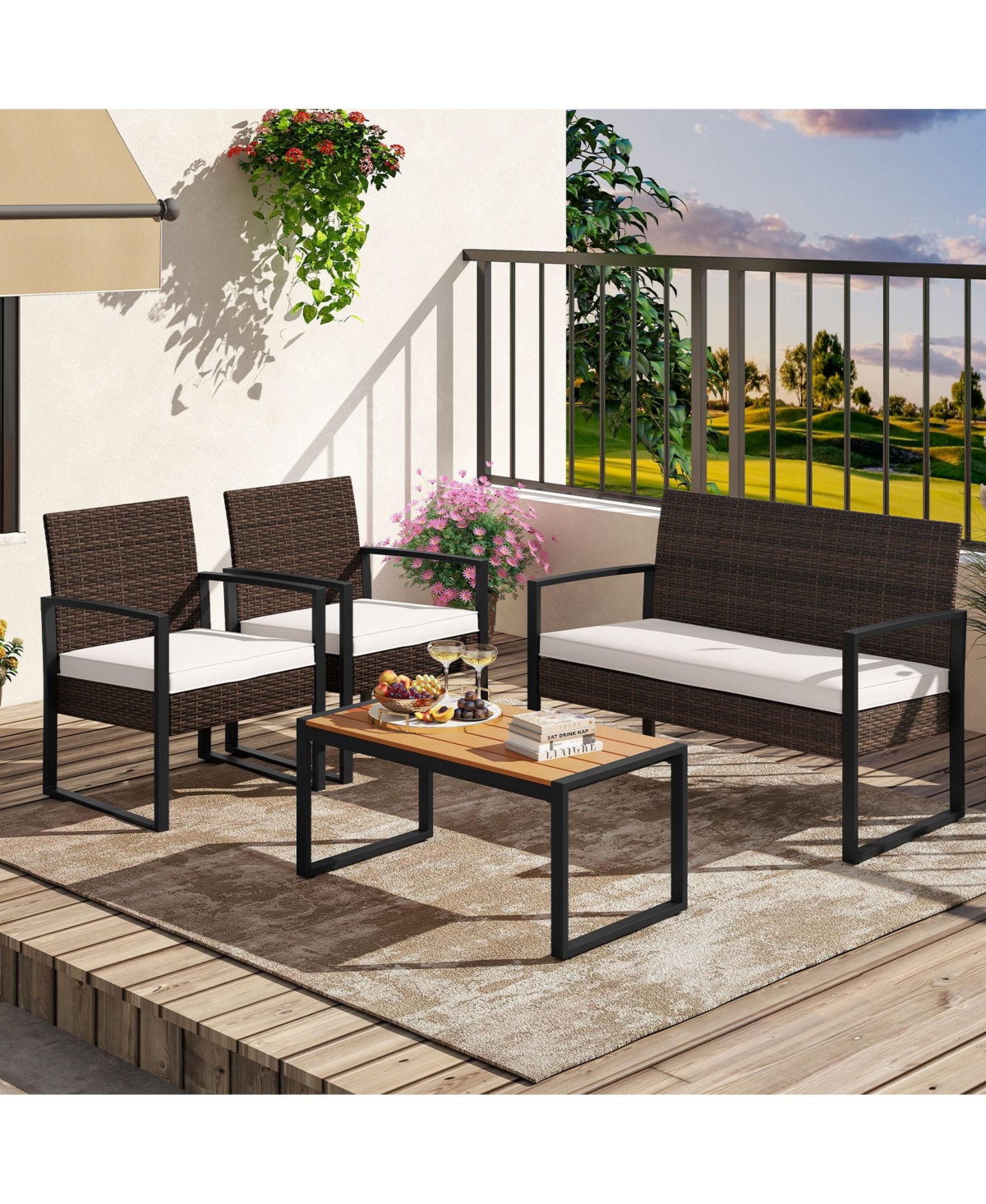 4 Piece Patio Furniture Set Outdoor Rattan Conversation Set