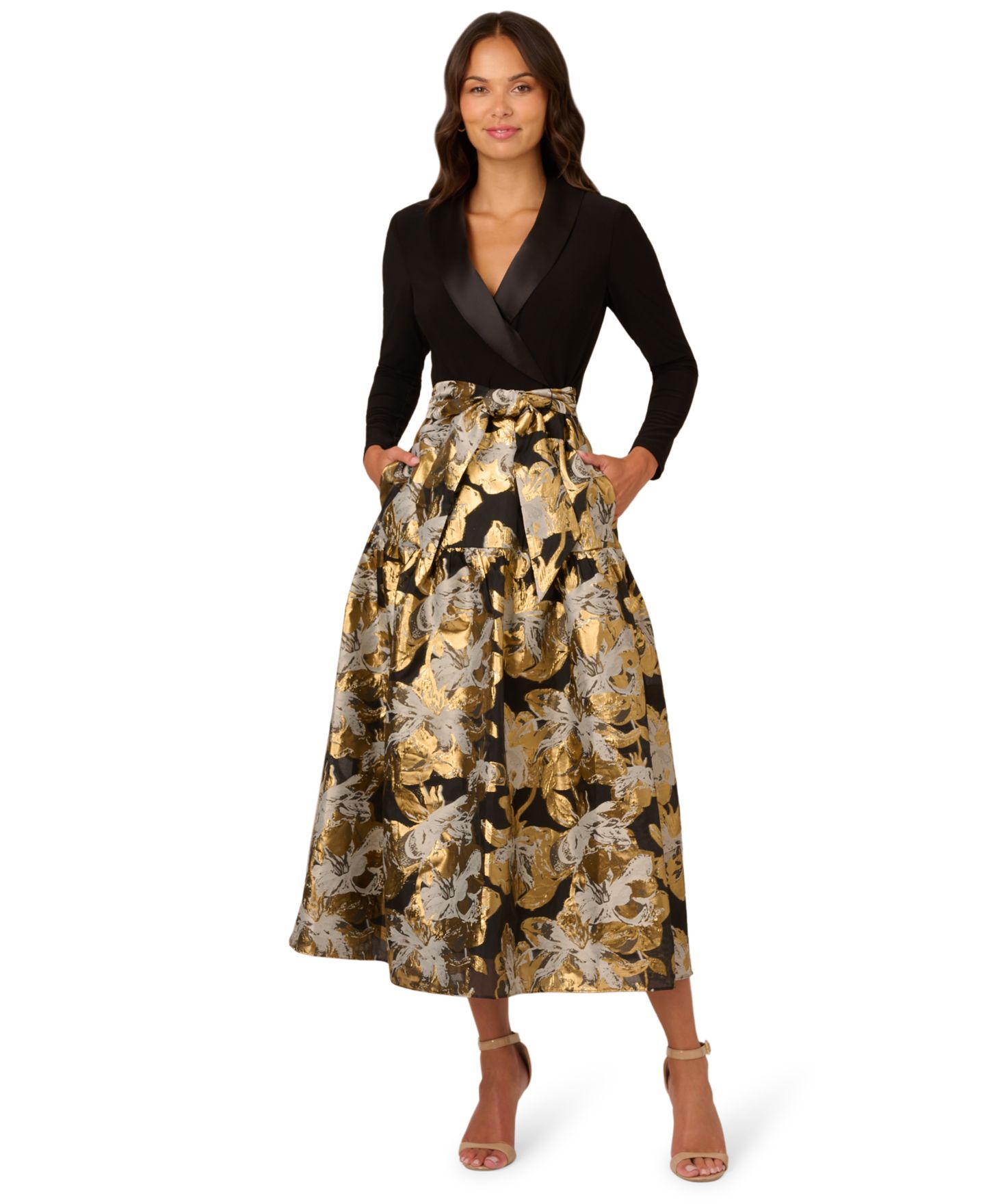Женское платье Adrianna Papell Petite Combo Floral Long-Sleeve Jacquard, цвет: Чёрный золотой — фото 1
