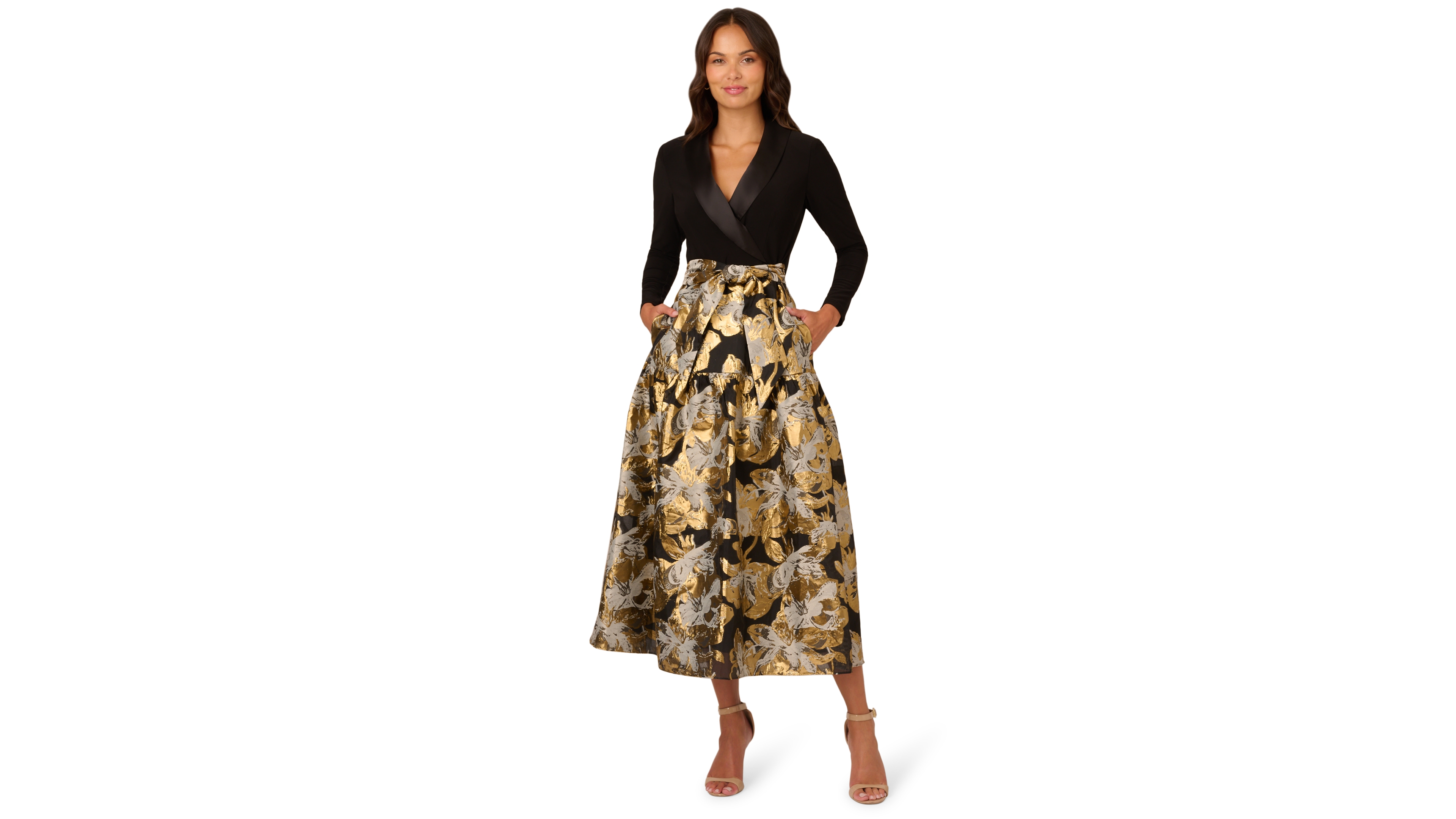Adrianna Papell Petite Combo Floral Long-Sleeve Jacquard Dress