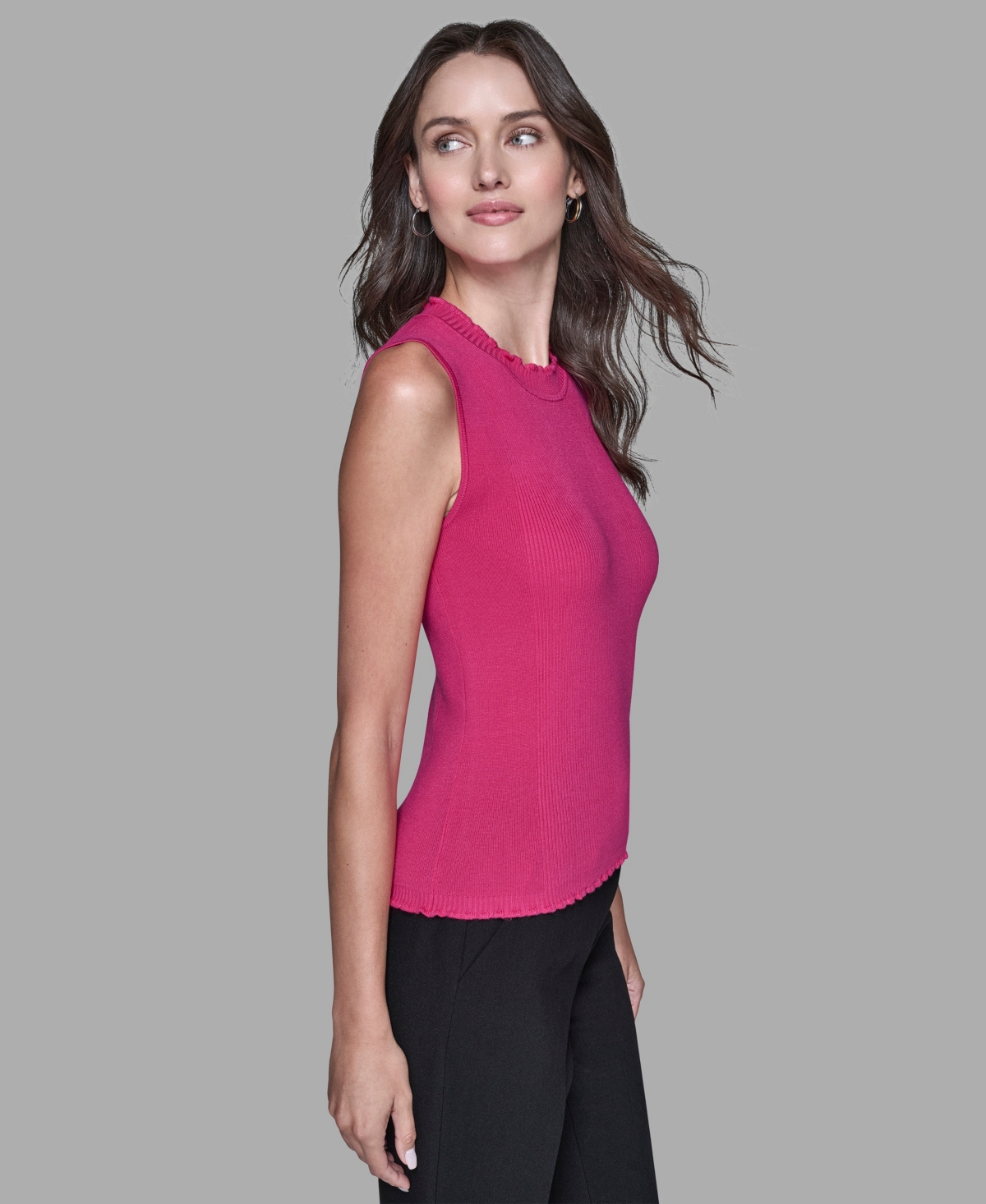 Karl Lagerfeld Women's Ruffled Rib-knit Sleeveless Top In Pink