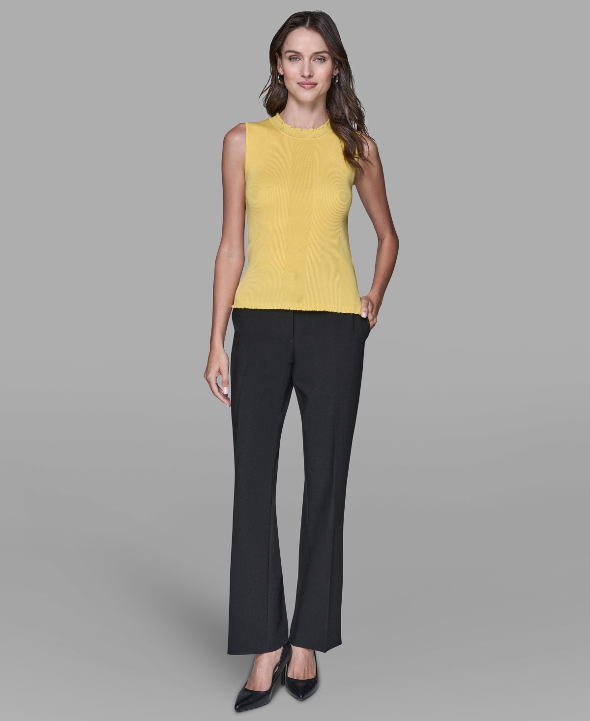 Karl Lagerfeld Women's Ruffled Rib-knit Sleeveless Top In Yellow