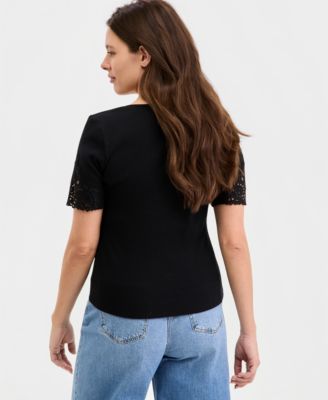 Women's Knit Short-Sleeve Lace-Inset Top