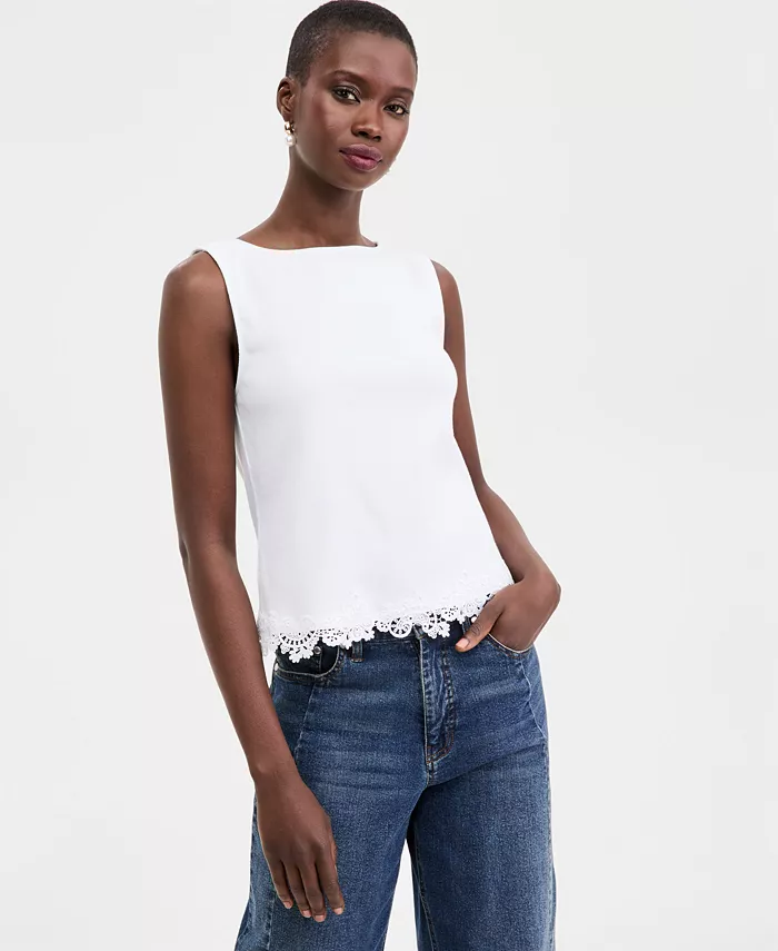 Women's Knit Sleeveless Boat-Neck Lace Top