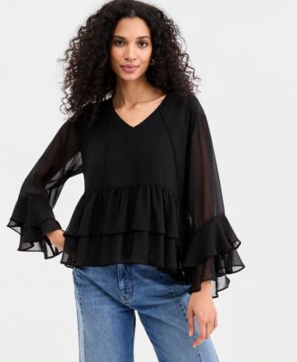 Women's Long Sleeve Chiffon Ruffle Blouse