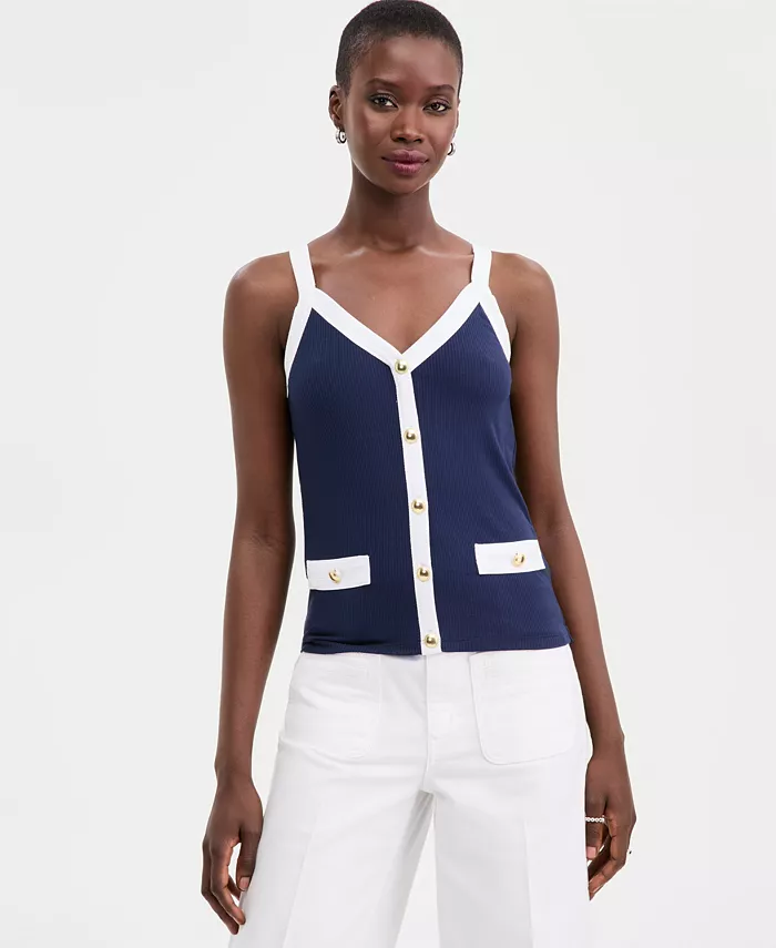 Women's Knit Solid Colored-Trim Button-Up Tank Top - thumbnail 5