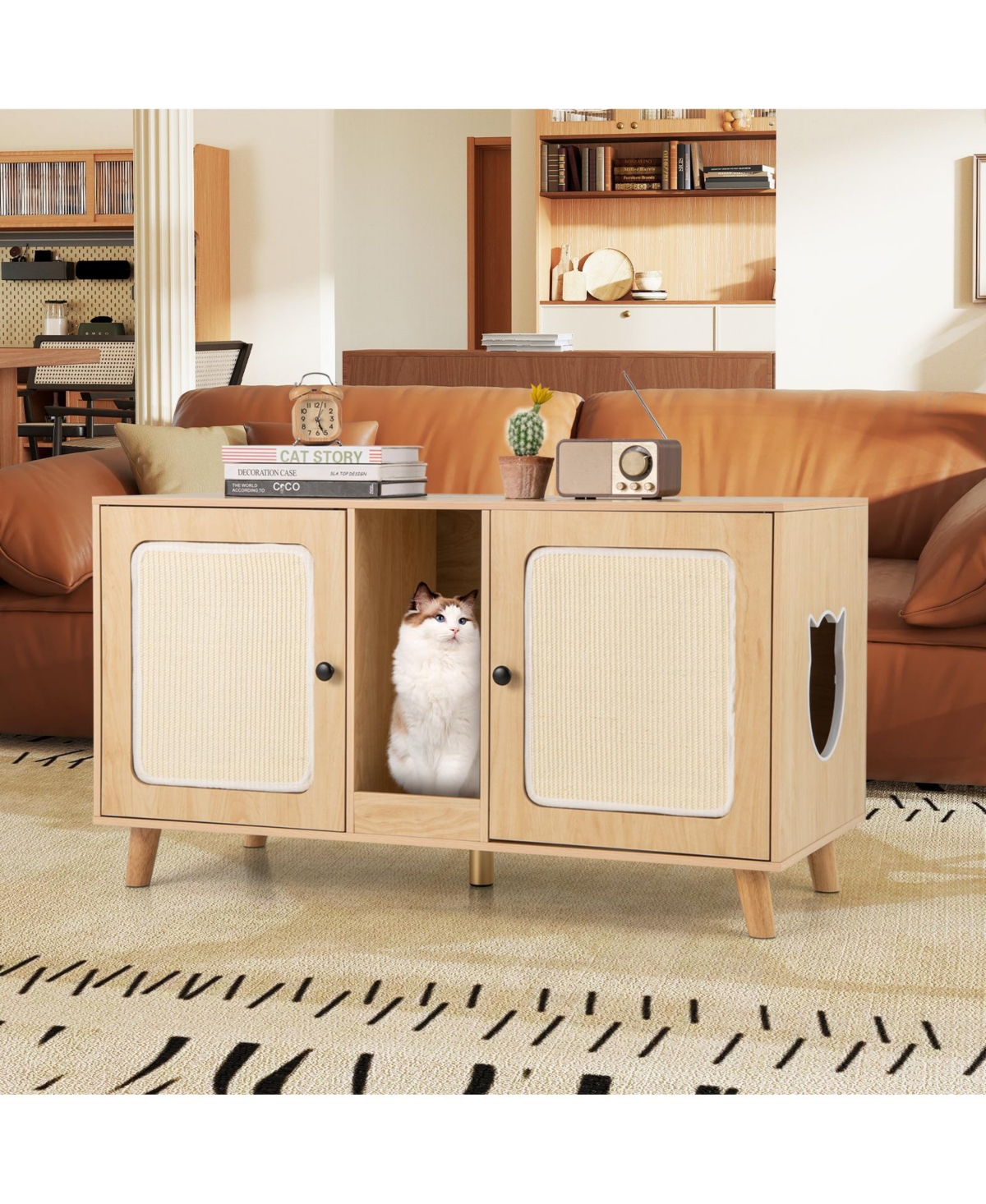 Gymax 43'' Cat Litter Box Enclosure for 2 Cats w/ Double Rooms Sisal Scratching Mats