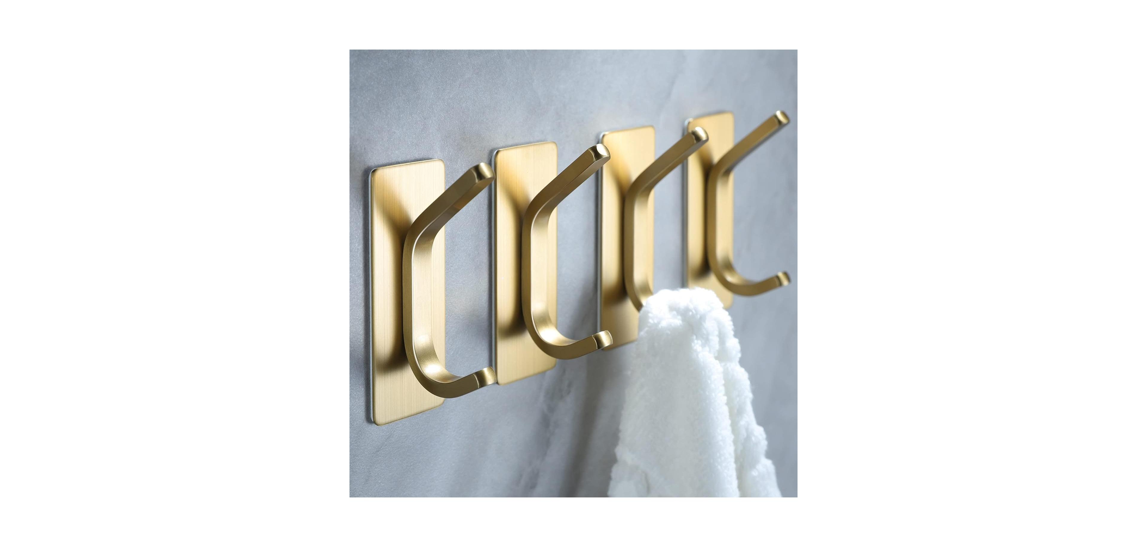 Towel Hooks/Adhesive Hooks - Brushed Gold Wall Hooks for Hanging Coat, Hat, Towel Robe Hook, Bathroom and Bedroom 4-Packs, Stainless Steel