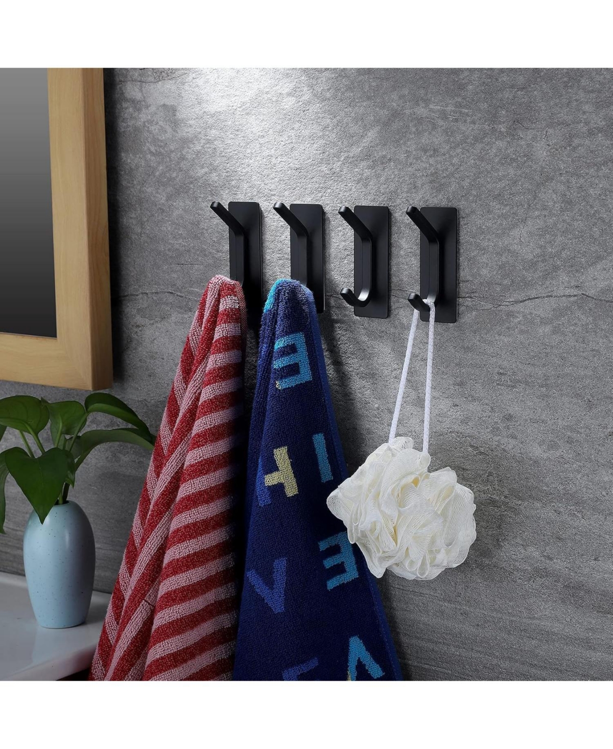 Towel Hook/Adhesive Hooks - Black Wall Hooks Stick for Bathroom and Kitchen Heavy Duty Hooks 4-Pack, Stainless Steel