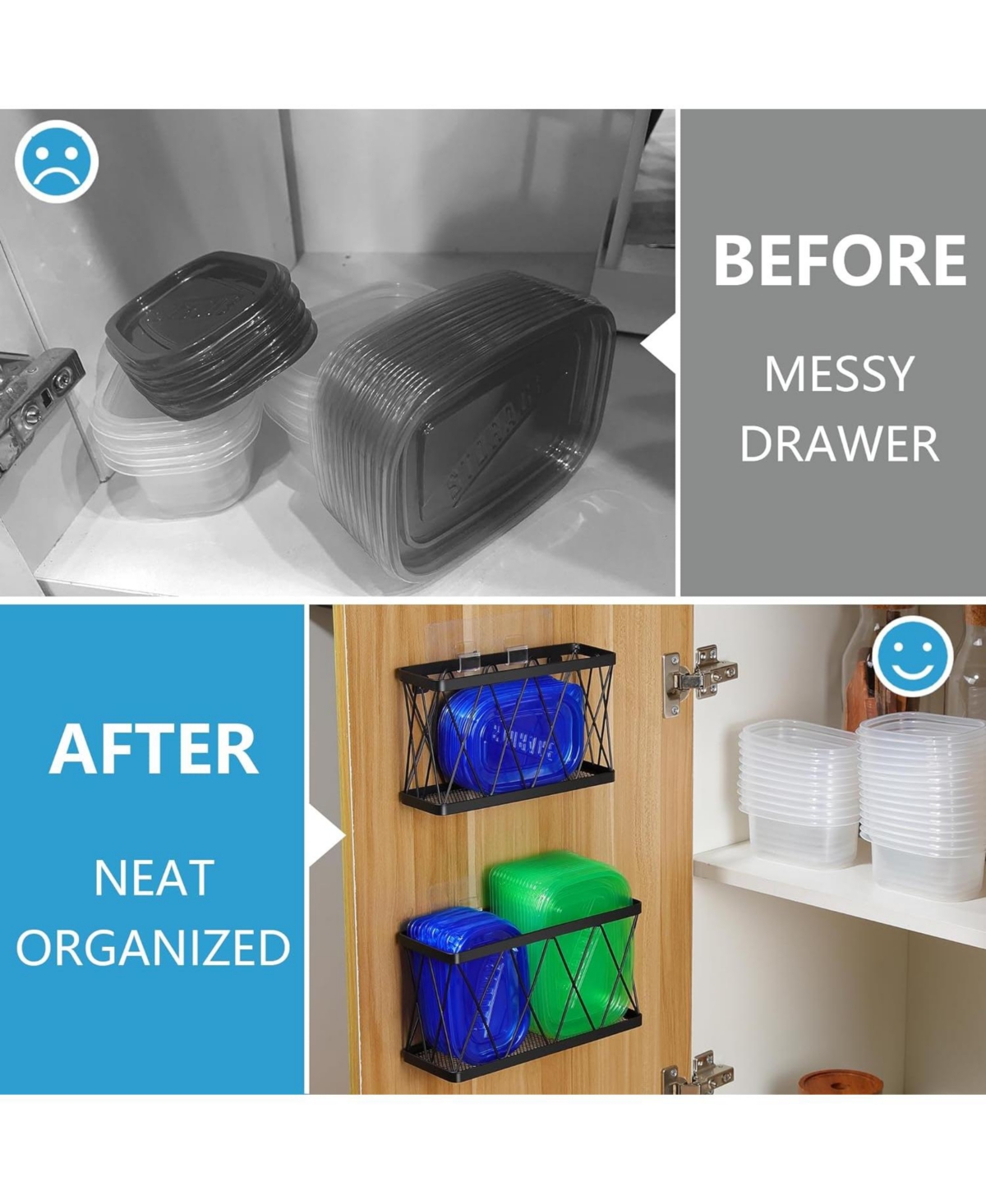 3 Pack Adhesive Cabinet Organizer - Wall Mounted Pantry Door Organizer Bin Holder for Tupperware Lid Kitchen Wall Under Sink Basket Slim Space Black