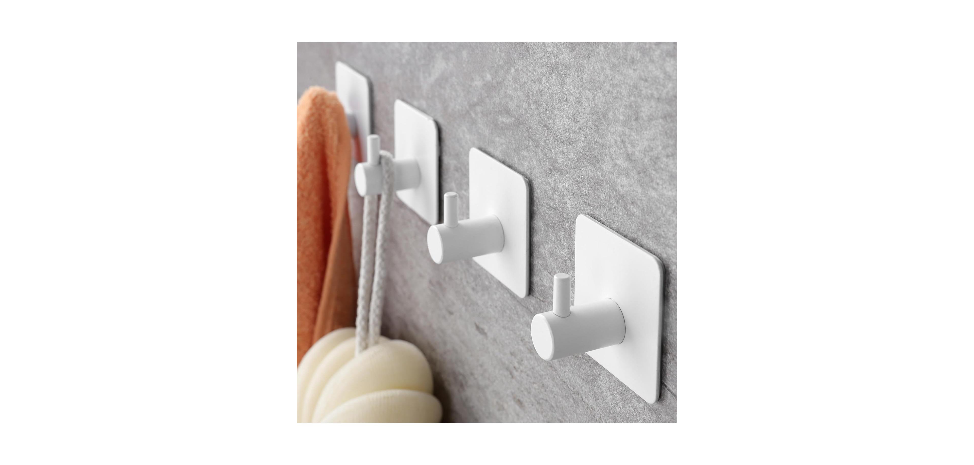 Adhesive Hooks - Towel Hook Heavy Duty Wall Hooks Stick on for Hanging Robe/Coat in Bathroom, Bedroom, Sus-304 Stainless Steel White 4 Packs
