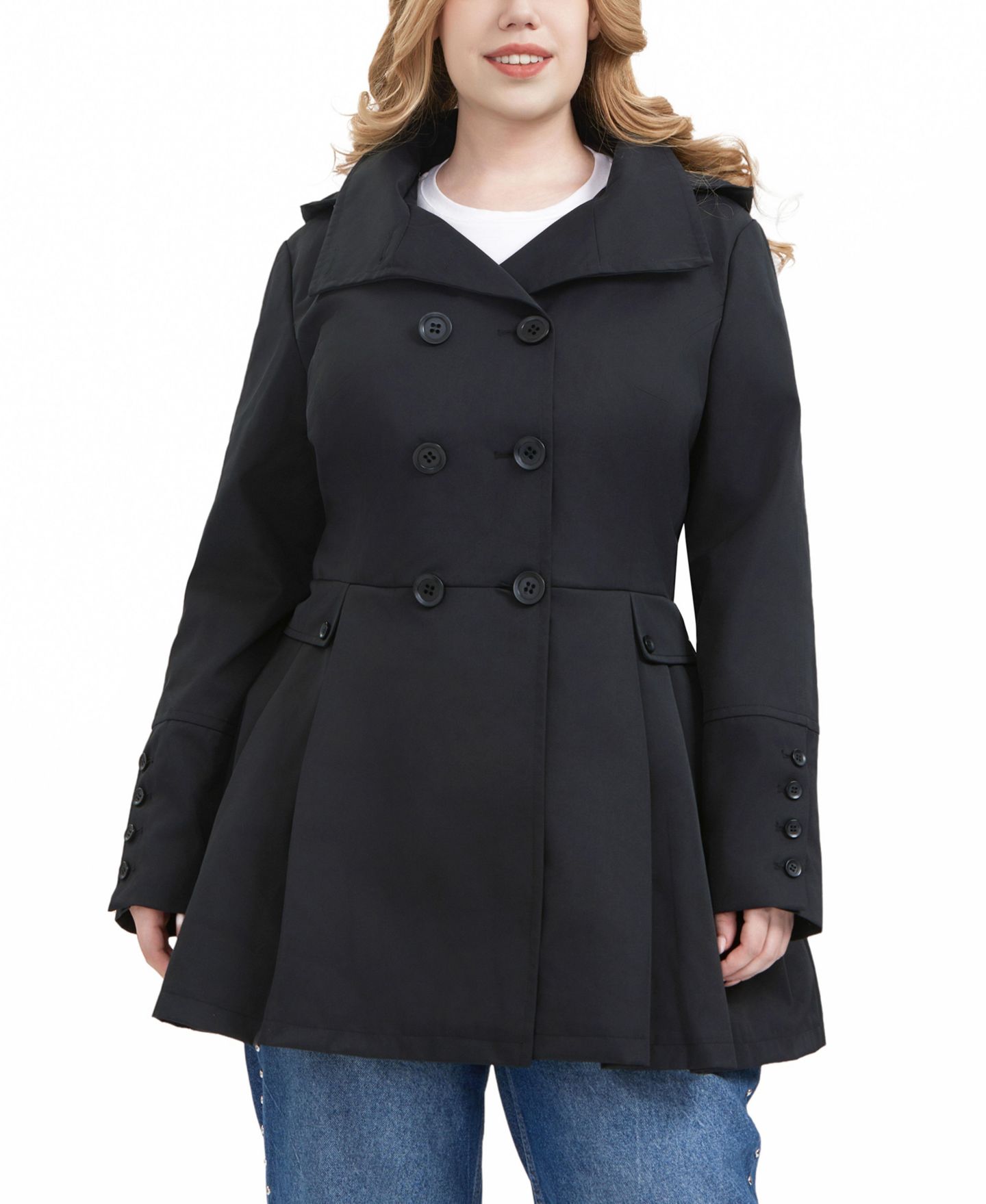 Женское пальто BGSD Plus Size Hooded Fit & Flare Trench, цвет: Чёрный — фото 5
