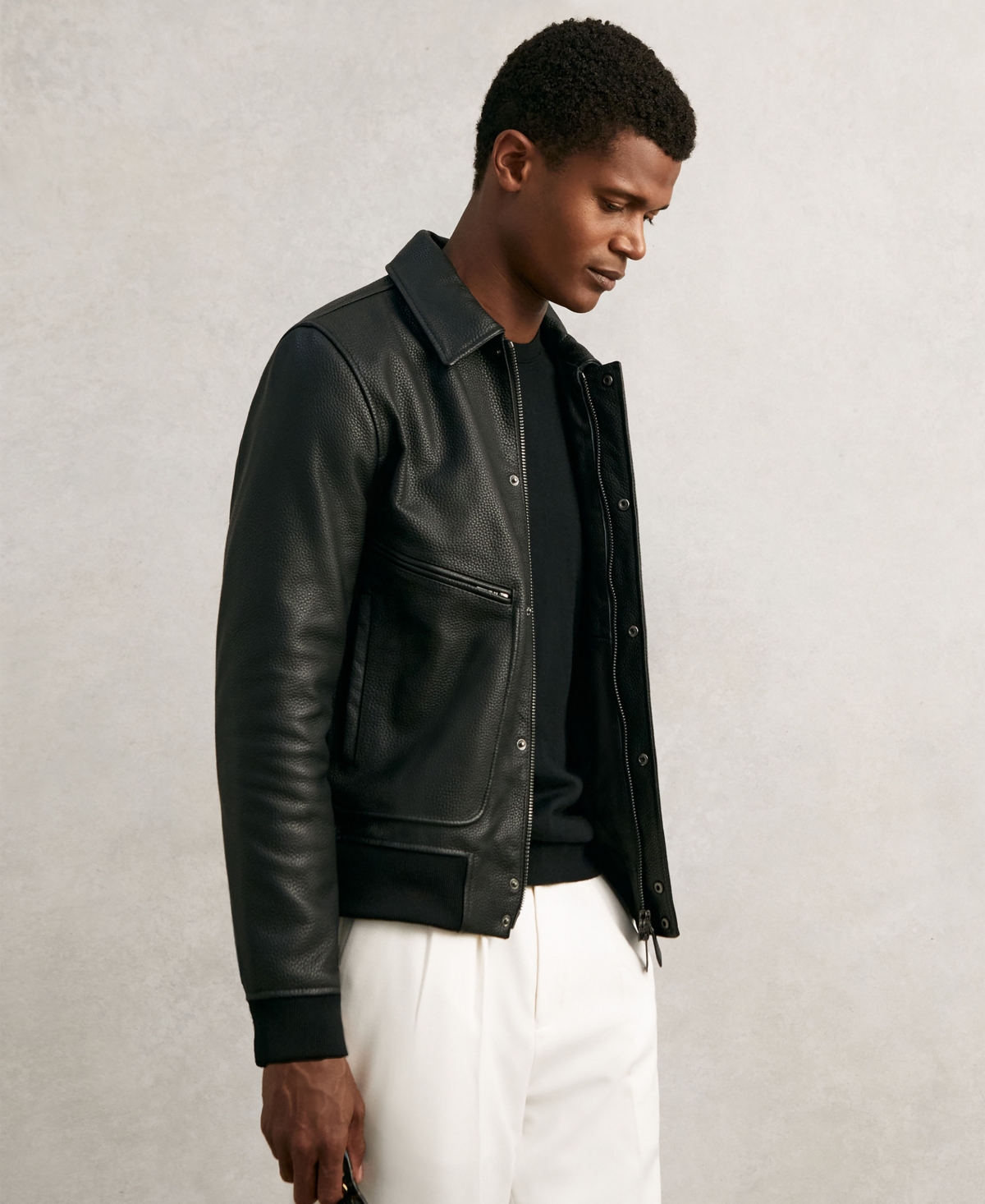 Reiss Men's Grained-Leather Zip-Through Jacket