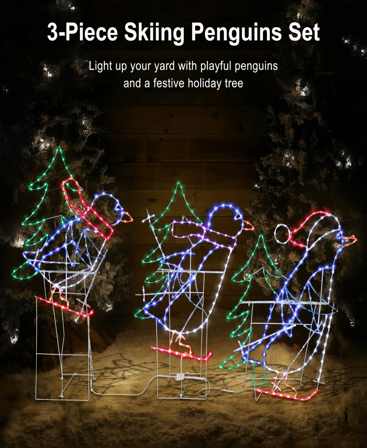Puleo International Skiing Penguins with Tree Christmas Outdoor Decor, Set of 3