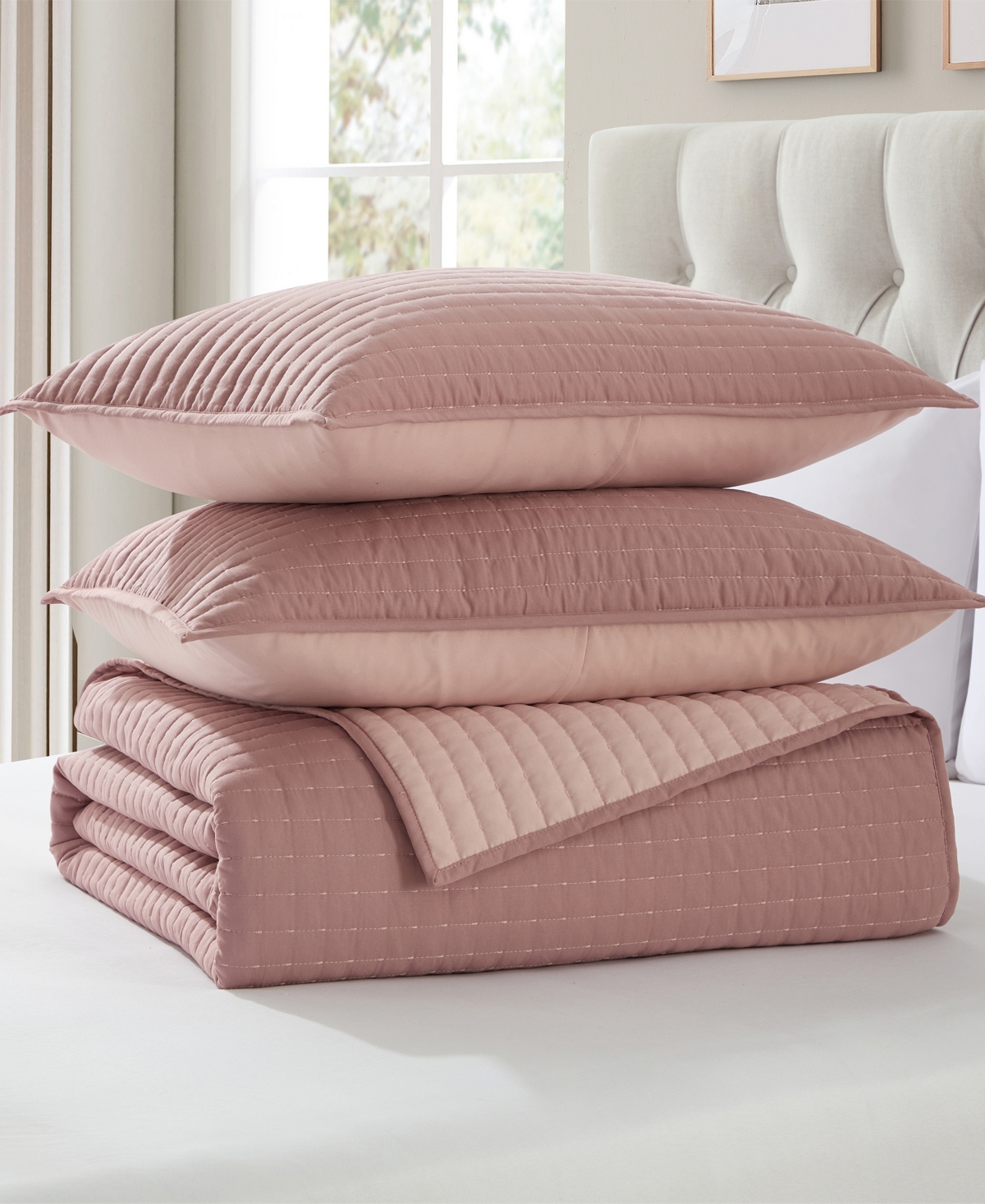 Vcny Home Embroidered Pick Stitch Microfiber 3-pc. Quilt Set, Full/queen In Pink