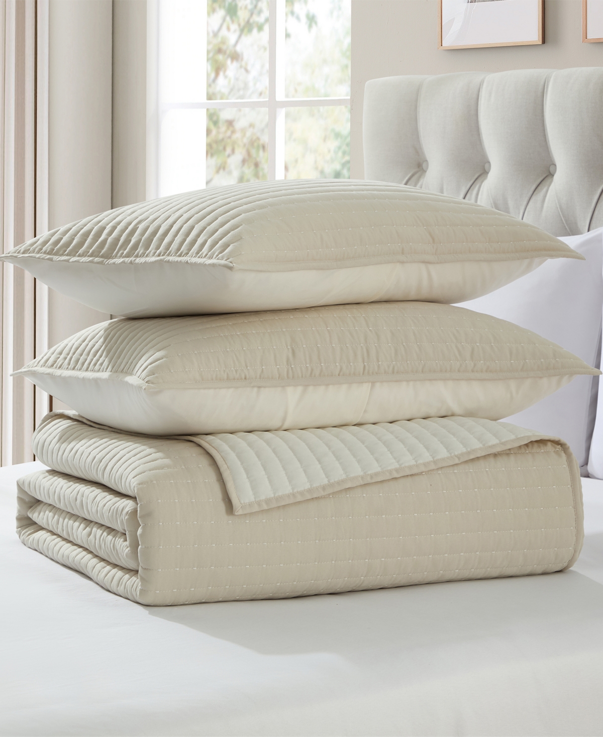 Vcny Home Embroidered Pick Stitch Microfiber 3-pc. Quilt Set, King In Neutral