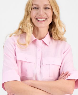 Charter Club Women's 100% Linen Solid Half-Placket Elbow-Sleeve Blouse, Macy's Exclusive