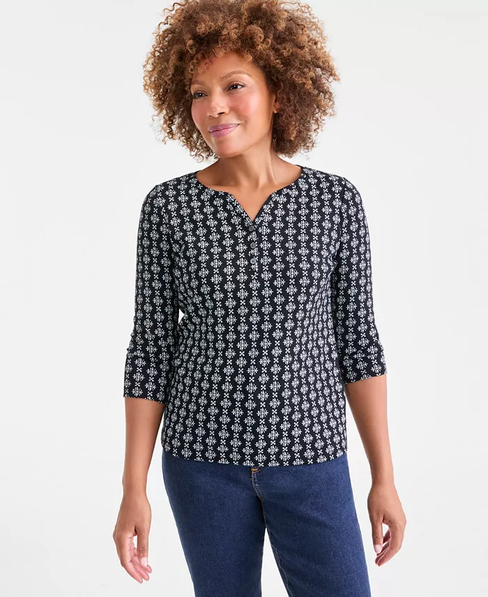 Women's Printed 3/4-Sleeve Henley Top - thumbnail 4
