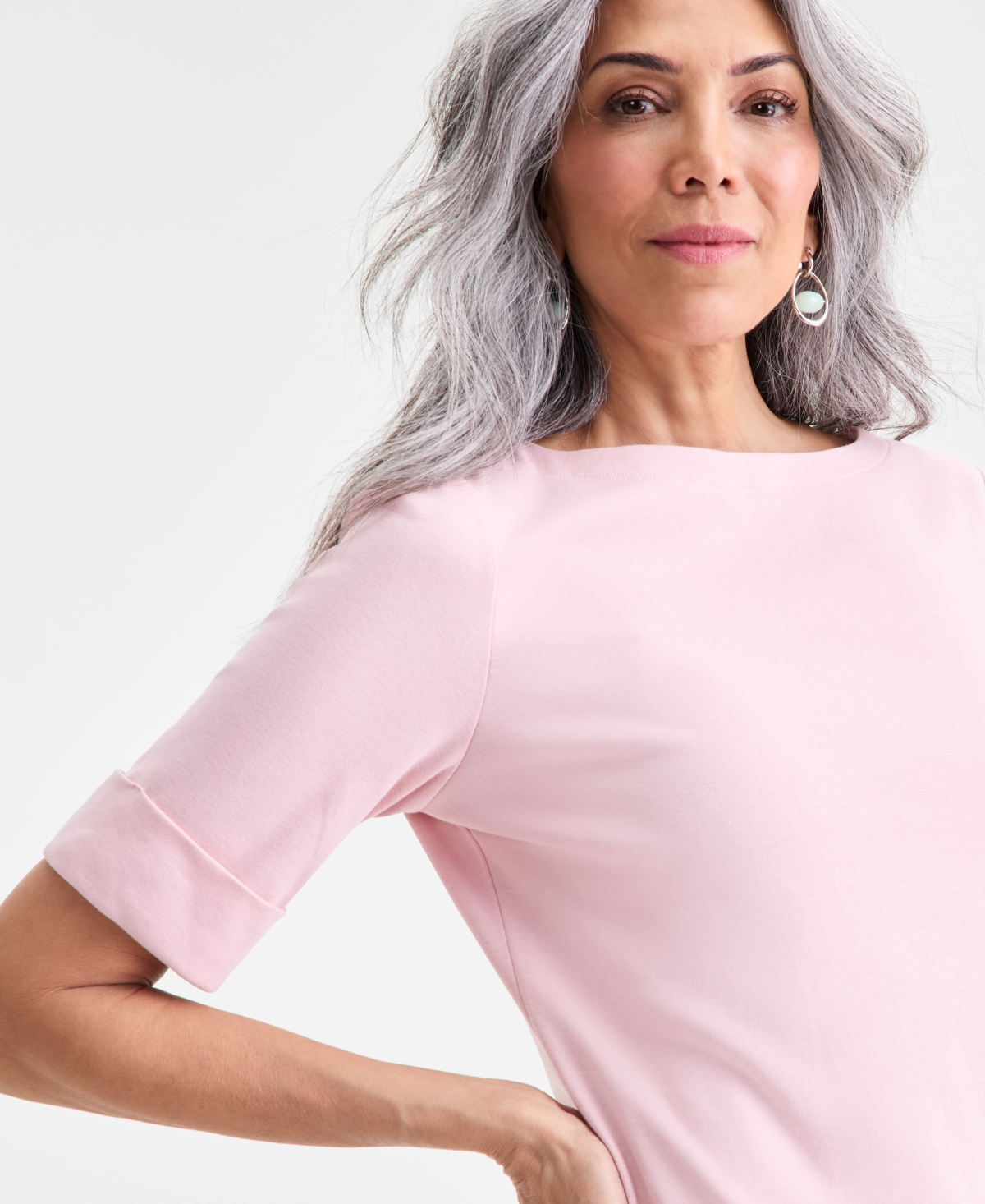 Style & Co Women's Boat-neck Elbow Sleeve Cotton Top, Exclusively At Macy's In Pink
