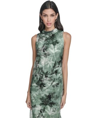 Women's Printed Organza Overlay Mock Neck Midi Dress