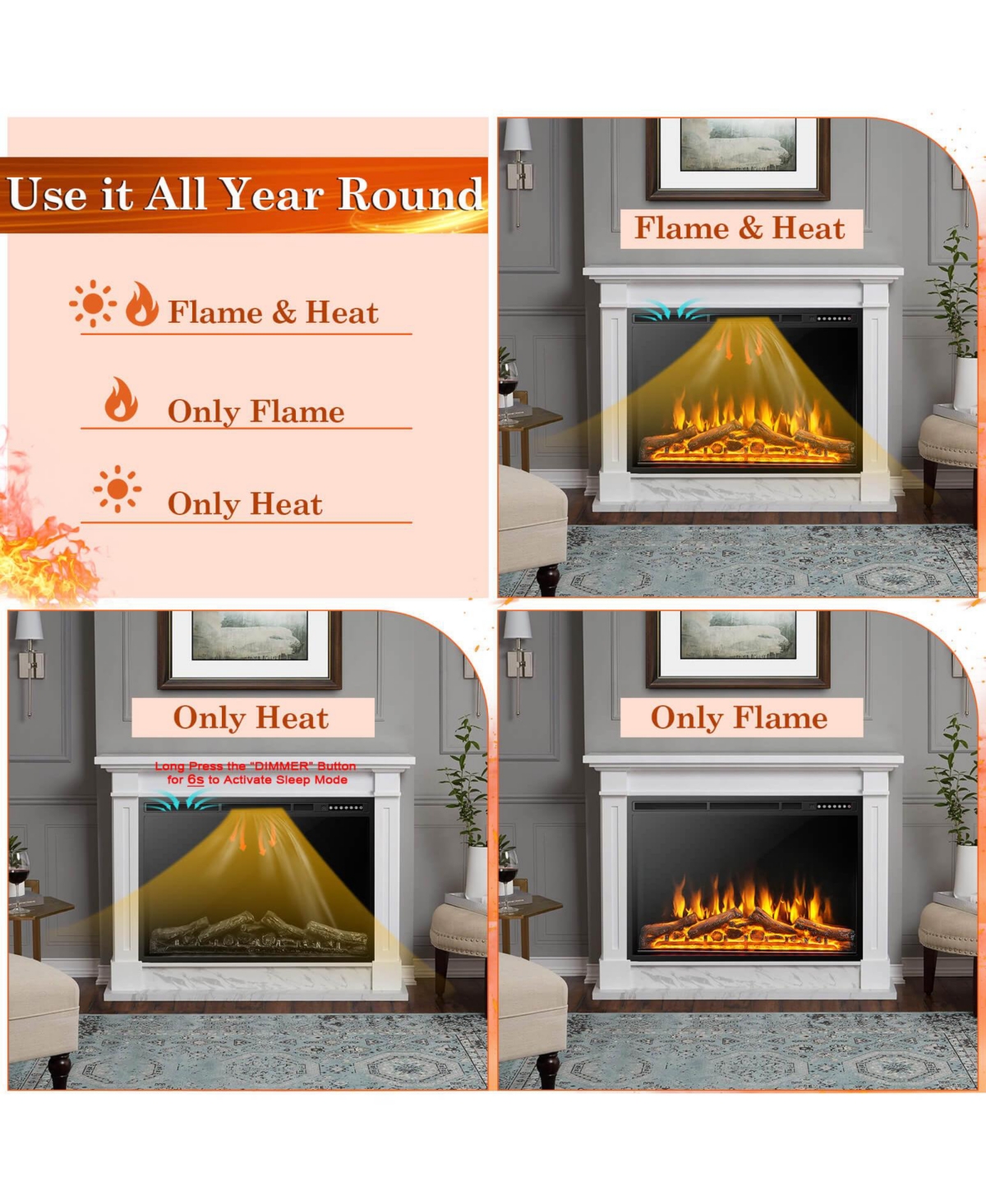 Sugift 37 Inch Electric Fireplace Recessed with Adjustable Flames