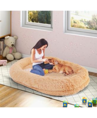 Washable Fluffy Human Dog Bed with Soft Blanket and Plump Pillow-Brown