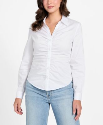 GUESS - Women's Shirred Long-Sleeve Collared Shirt