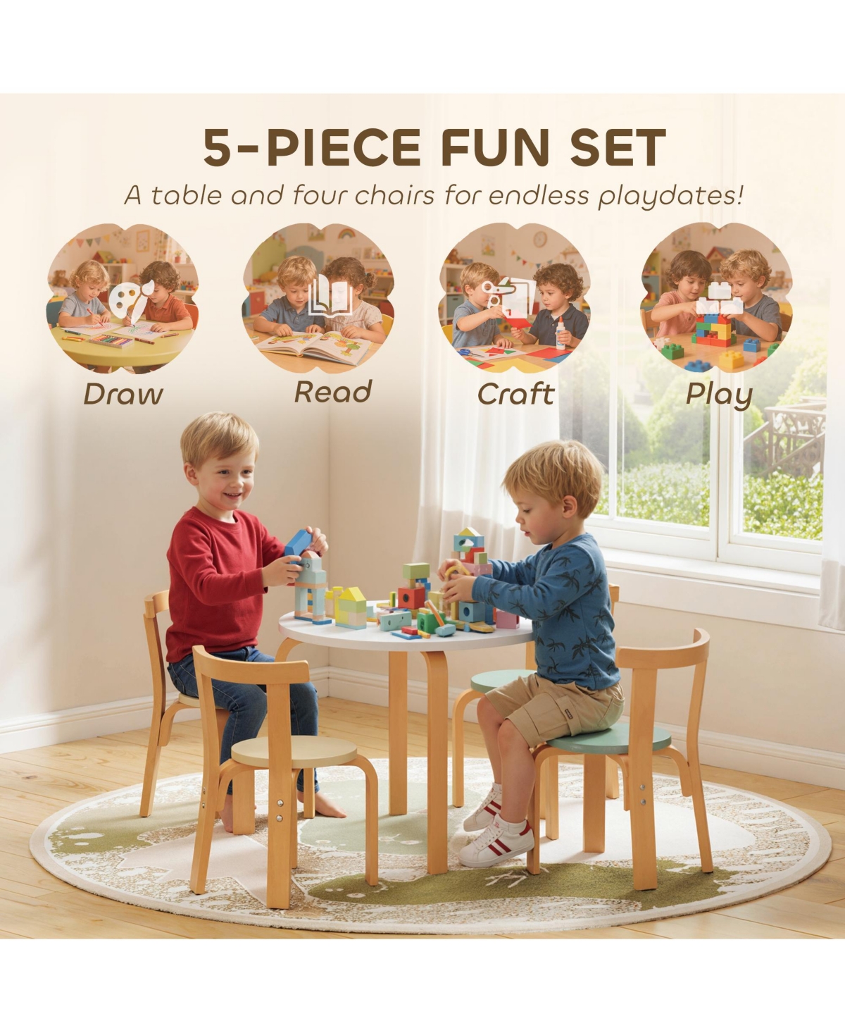 Qaba 5 Piece Kids Table and Chair Set, Wooden Table and 4 Chairs,