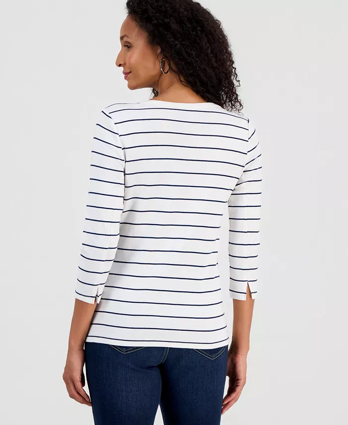 Women's Printed Pima Cotton 3/4 Sleeve Boat-Neck Top - thumbnail 7