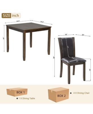 5-Piece Dining Table Set with 4 PU Leather Chairs, 34.5'' Wood Square Table for Small Space, Farmhouse Kitchen or Dining Room