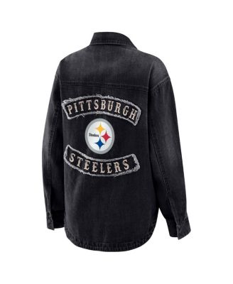 Women's Black Pittsburgh Steelers Washed Oversized Denim Full-Snap Shacket