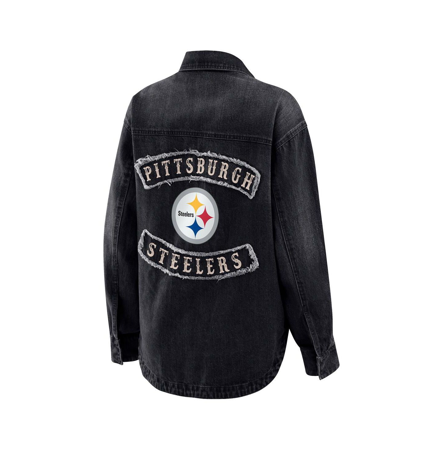 Женские куртки WEAR by Erin Andrews Black Pittsburgh Steelers Washed Oversized Denim Full-Snap Shacket — фото 3