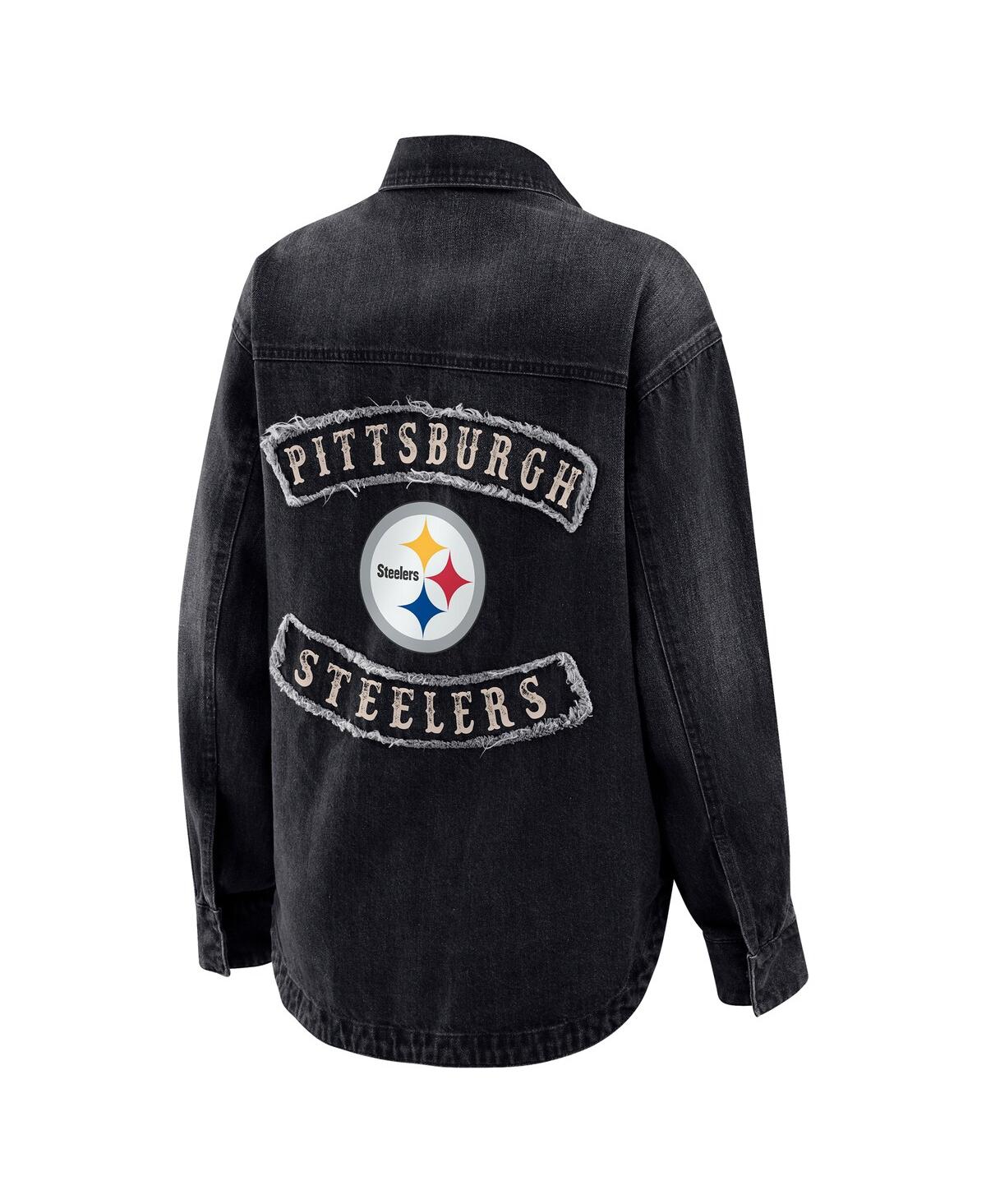 Wear By Erin Andrews Women's Black Pittsburgh Steelers Washed Oversized Denim Full-snap Shacket In Multi