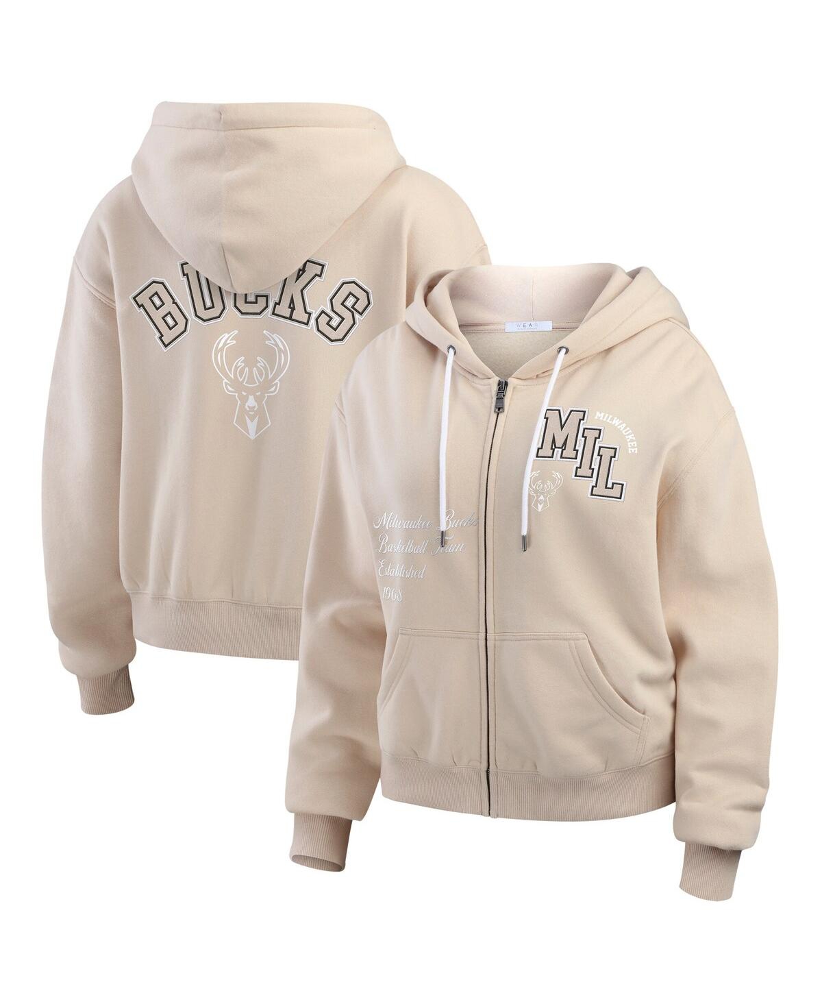 Wear By Erin Andrews Women's Cream Milwaukee Bucks Plus Size Tonal Felt Patch Full-zip Hoodie In Neutral