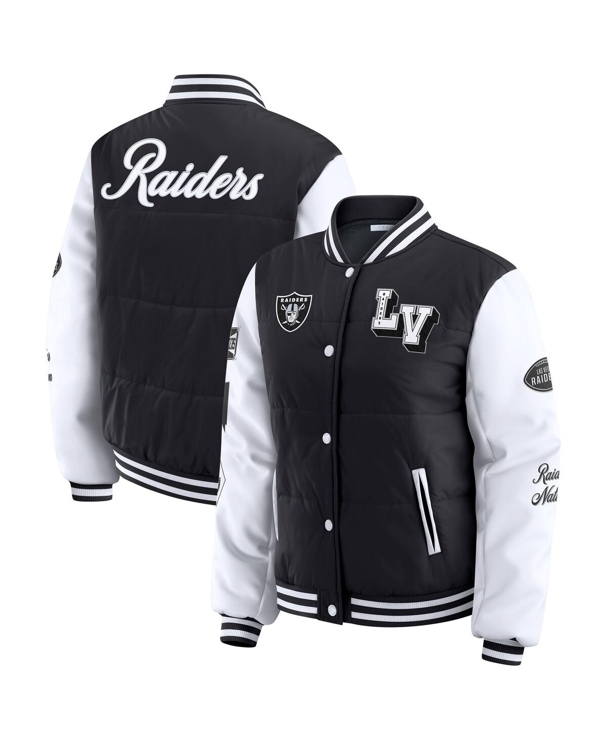 Wear By Erin Andrews Women's Black Las Vegas Raiders Varsity Full-snap Puffer Jacket In Multi