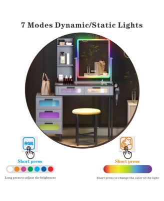 RGB Vanity Set with Glass Top, USB & Wireless Charging, 5 Drawers