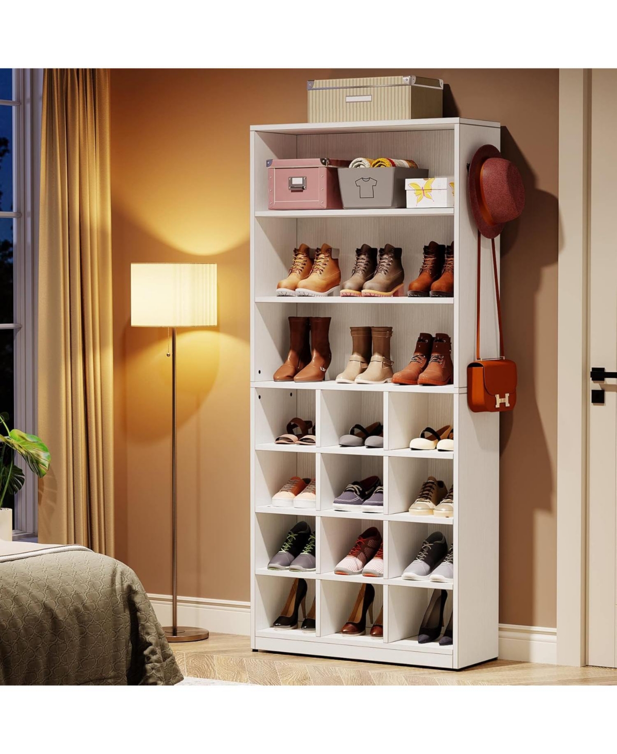 Tribesigns Shoe Cabinet, 24 Pair Freestanding Shoe Rack Storage Organizer with Side Hooks