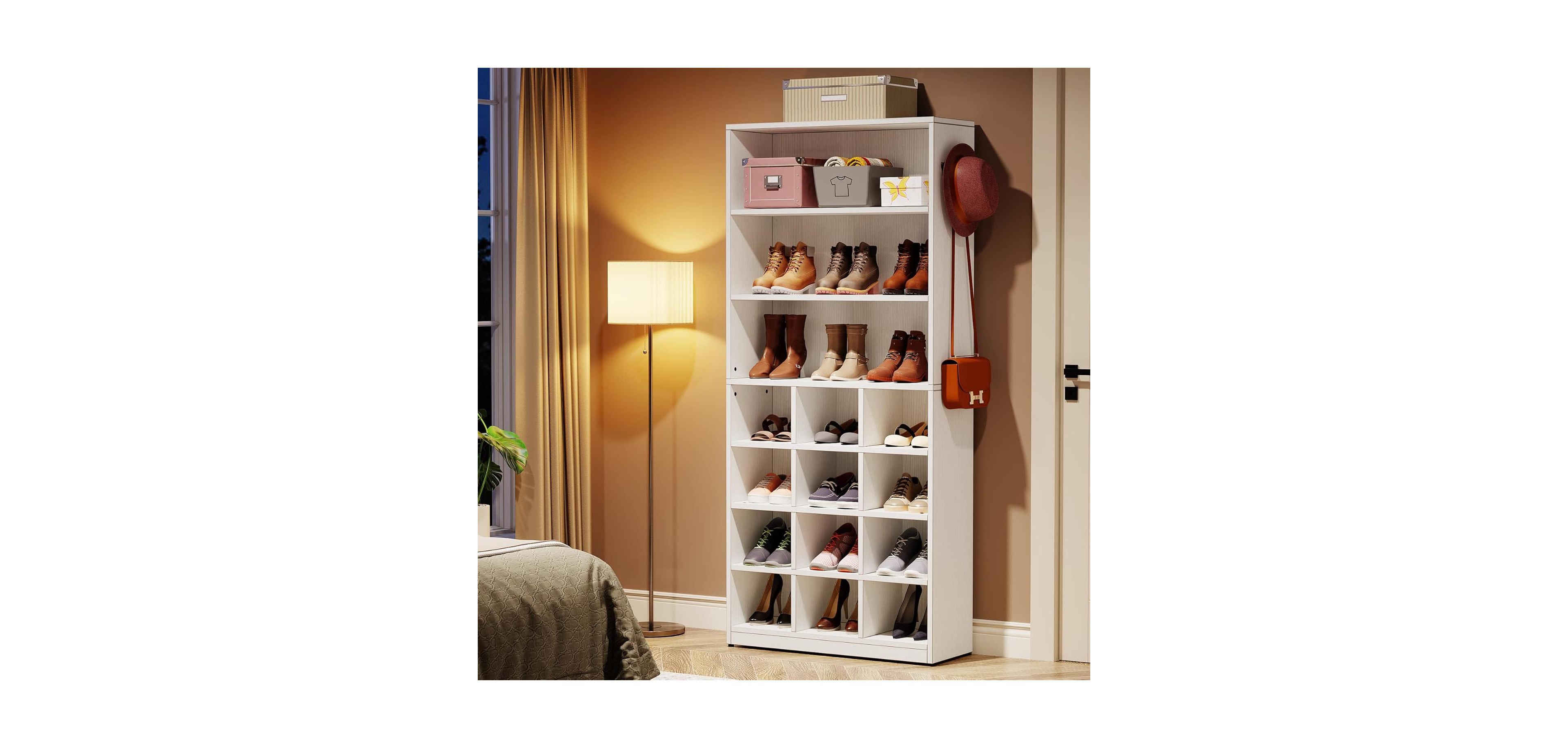 Tribesigns Shoe Cabinet, 24 Pair Freestanding Shoe Rack Storage Organizer with Side Hooks