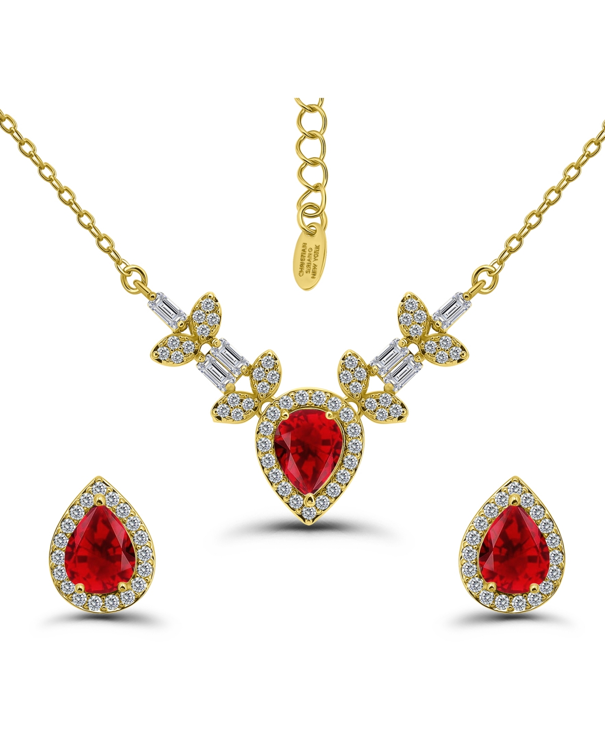 Christian Siriano New York Gold Plated Baguette Cubic Zirconia Frontal Necklace And Earrings Set In Red
