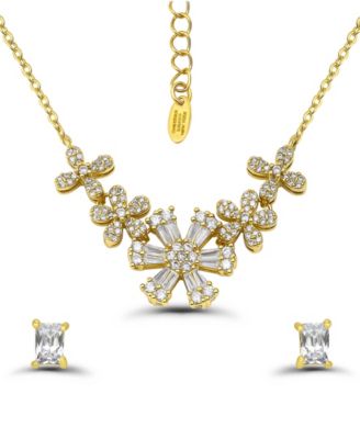 Cubic Zirconia Baguette Round Cut Stones Floral Design Frontal Necklace and Earrings Set
