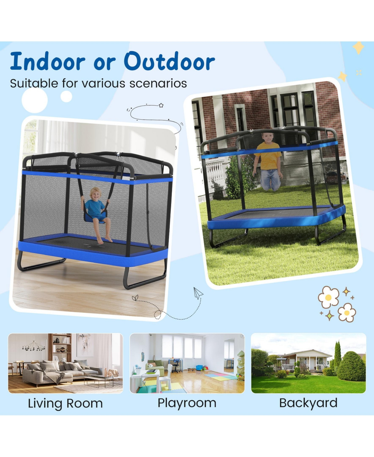 Sugift 6 Ft Kids Trampoline with Swing and Horizontal Bar Small Rectangle Trampoline