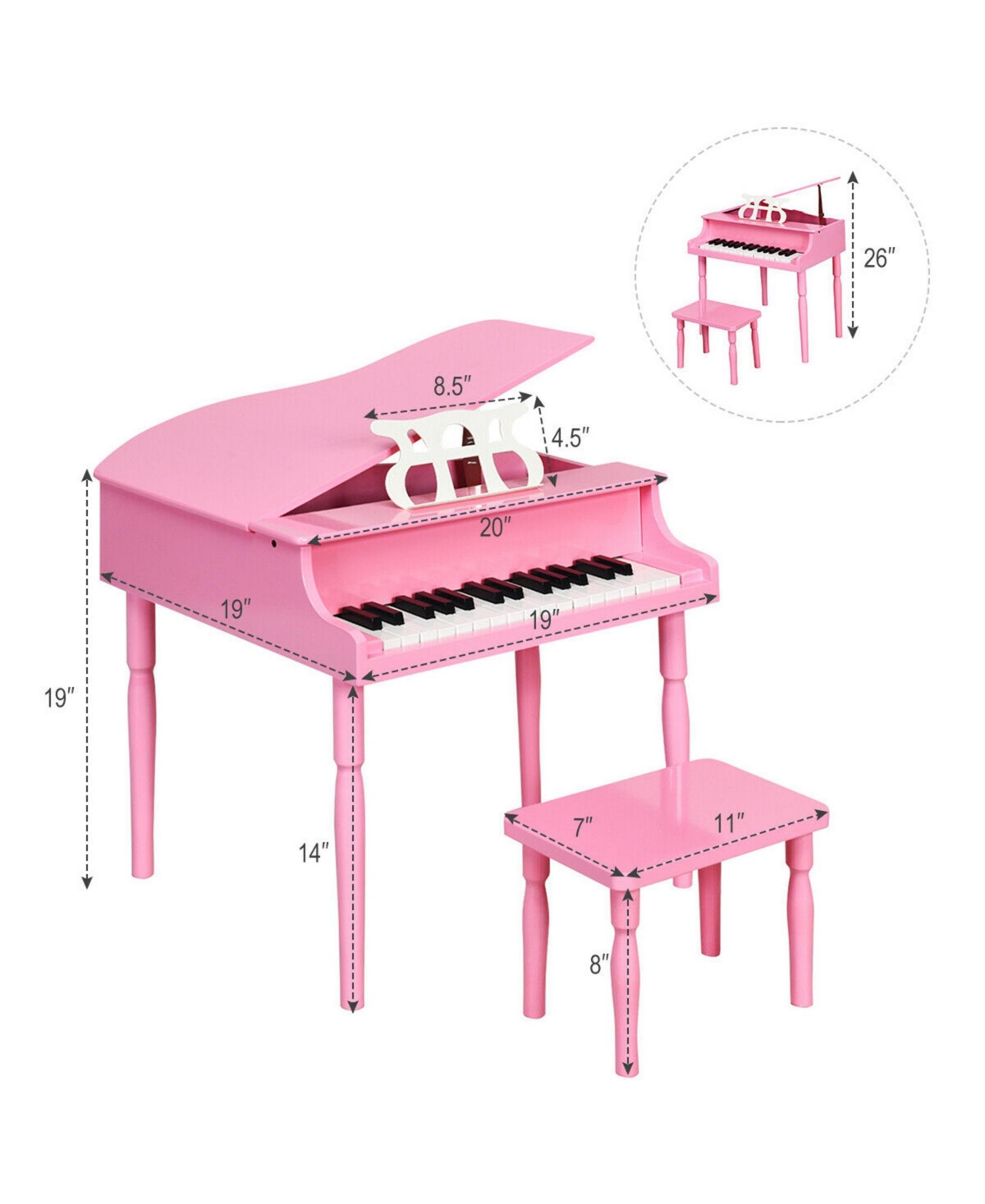 Sugift Pink 30-Key Wood Toy Kids Grand Piano with Bench and Music Rack