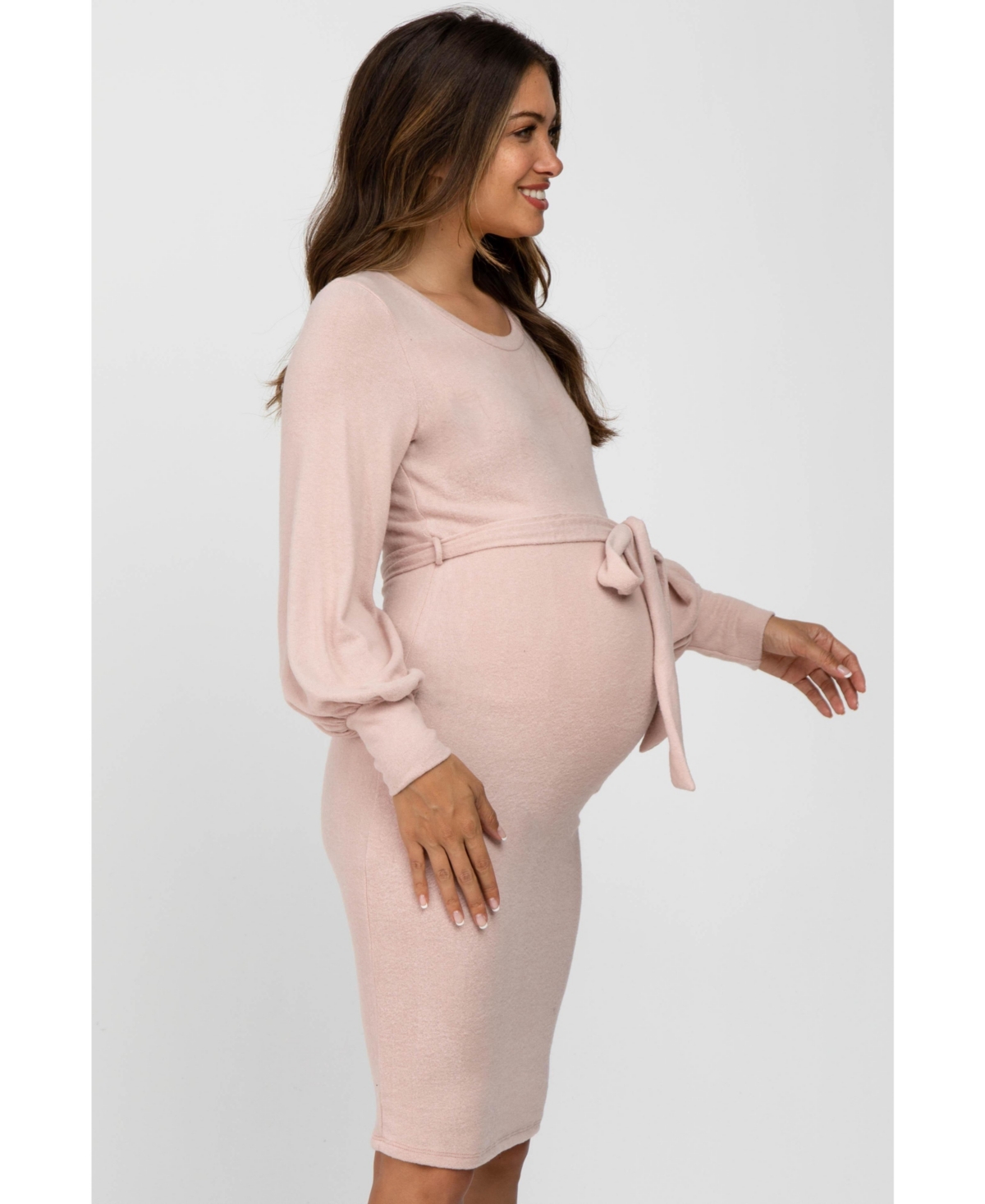 Pinkblush Maternity Pink Soft Brushed Waist Tie Bubble Sleeve Dress