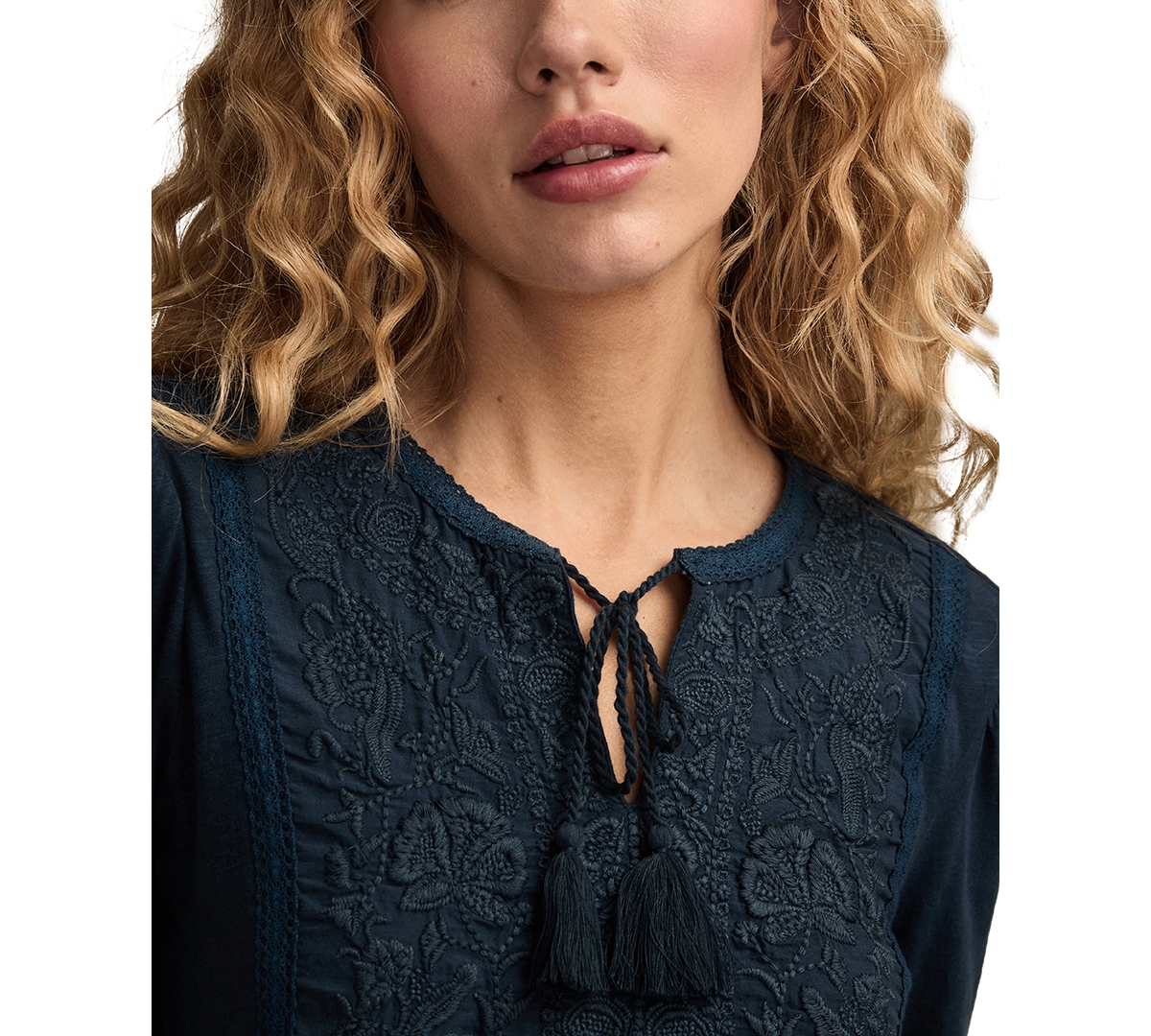 Lucky Brand Women's Embroidered Bib Peasant Top