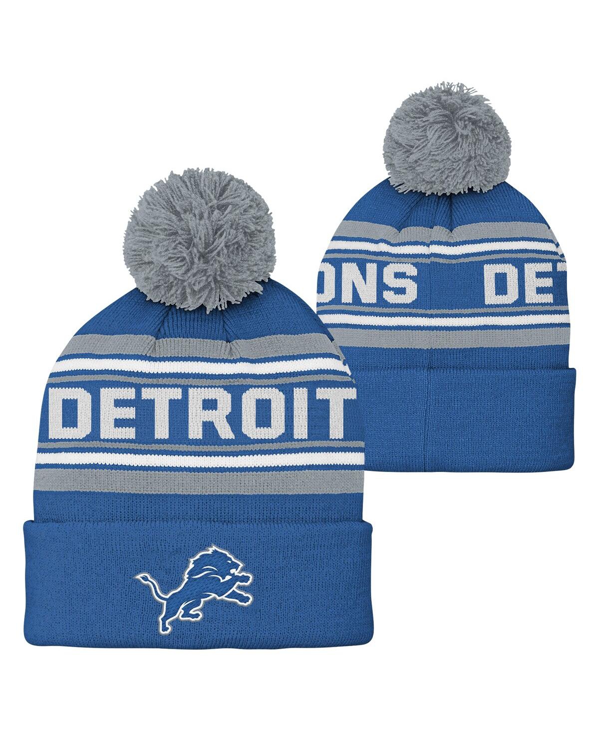 Outerstuff Big Boys And Girls Blue Detroit Lions Jacquard Cuffed Knit With Pom Hat In Blue