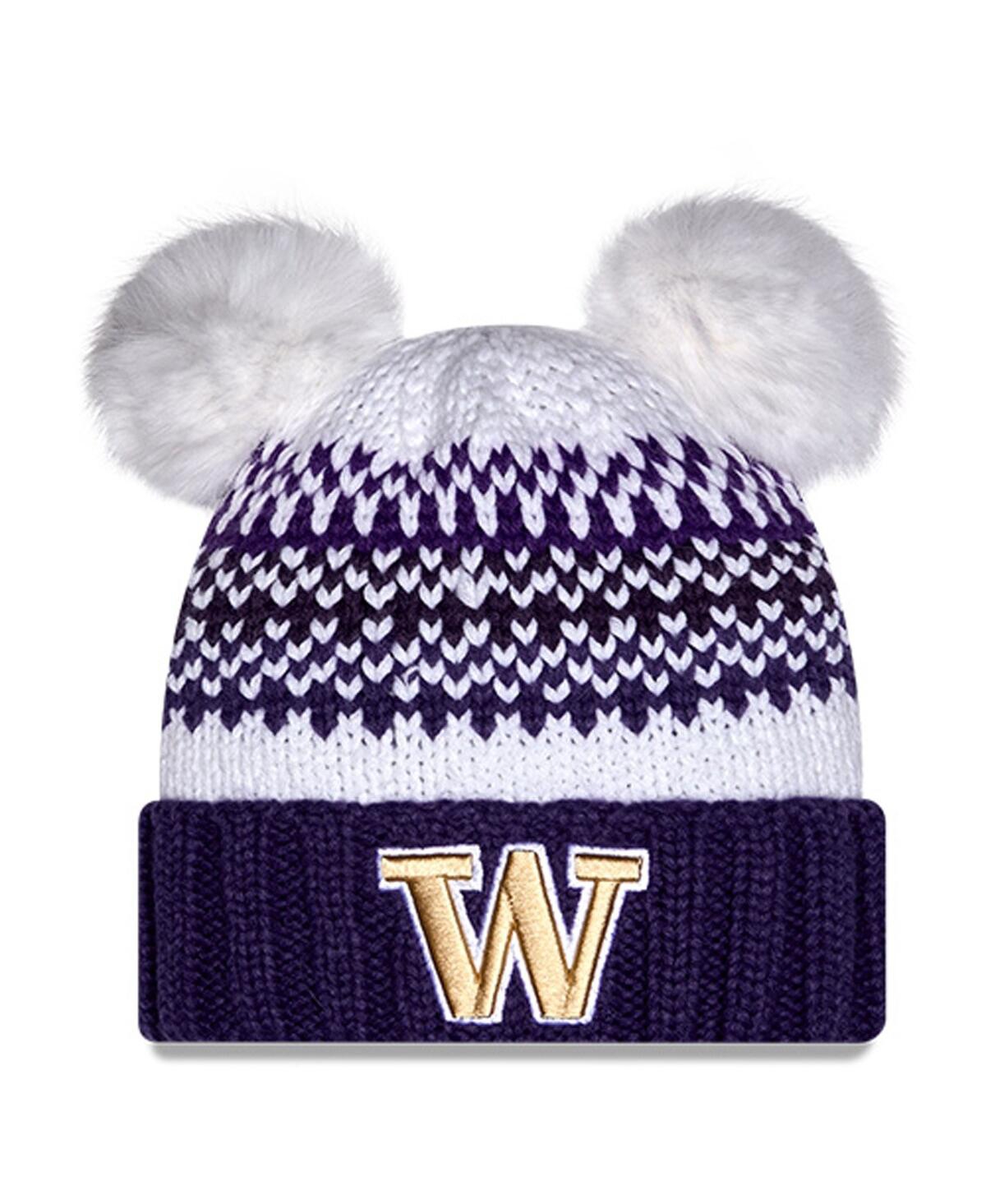 New Era Women's Purple Washington Huskies Double Pom Print Cuffed Knit Hat In Neutral