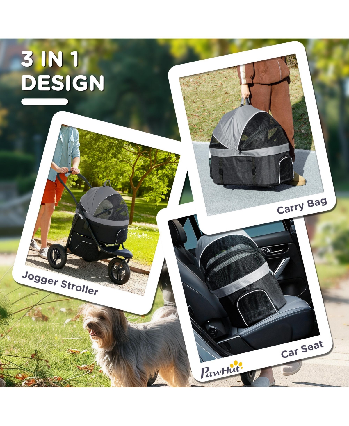 PawHut 3 in 1 Pet Stroller for Small Dogs and Cats with Detachable Carrier