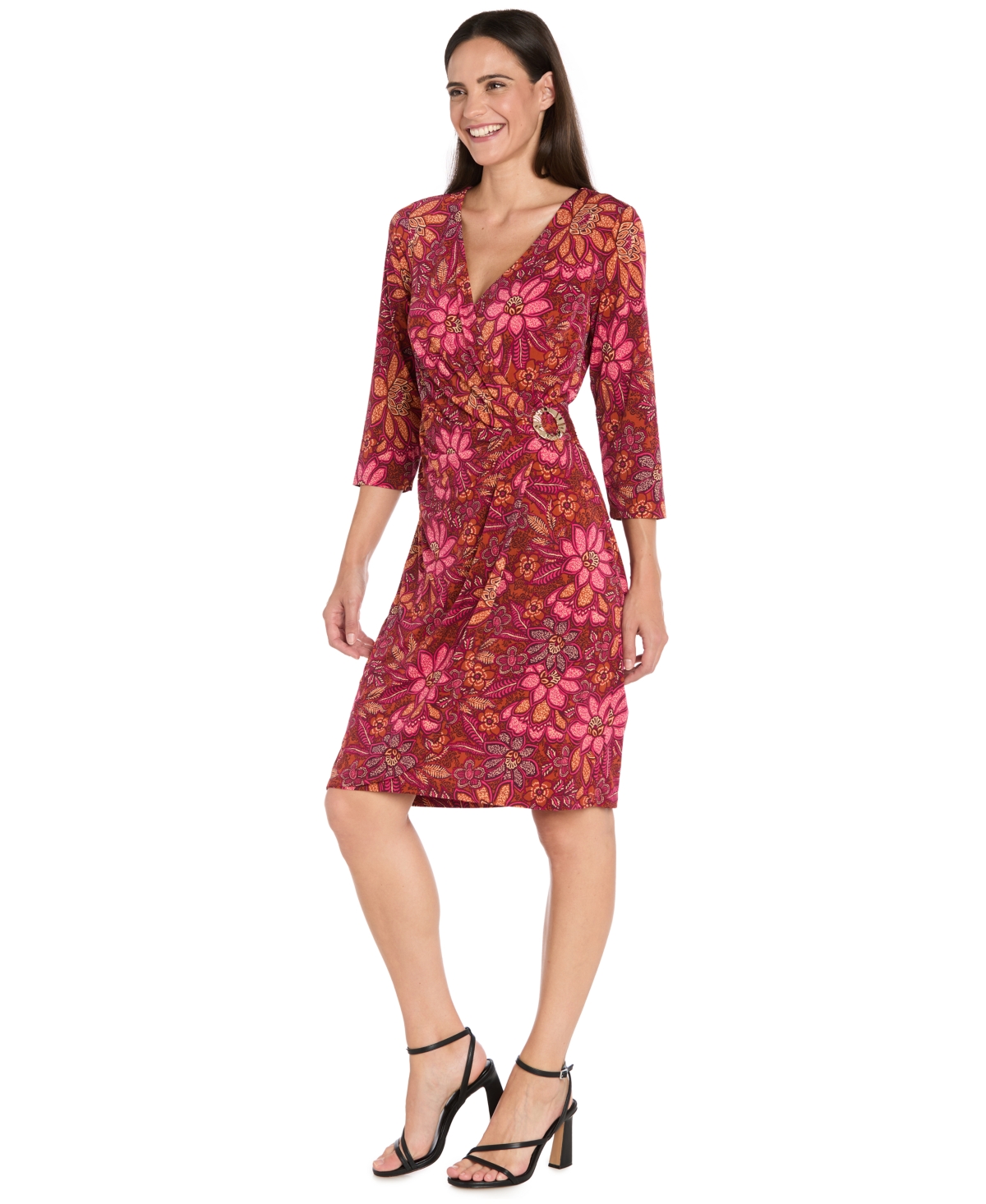 R & M Richards Women's Printed Faux Wrap 3/4-sleeve Dress In Burgundy
