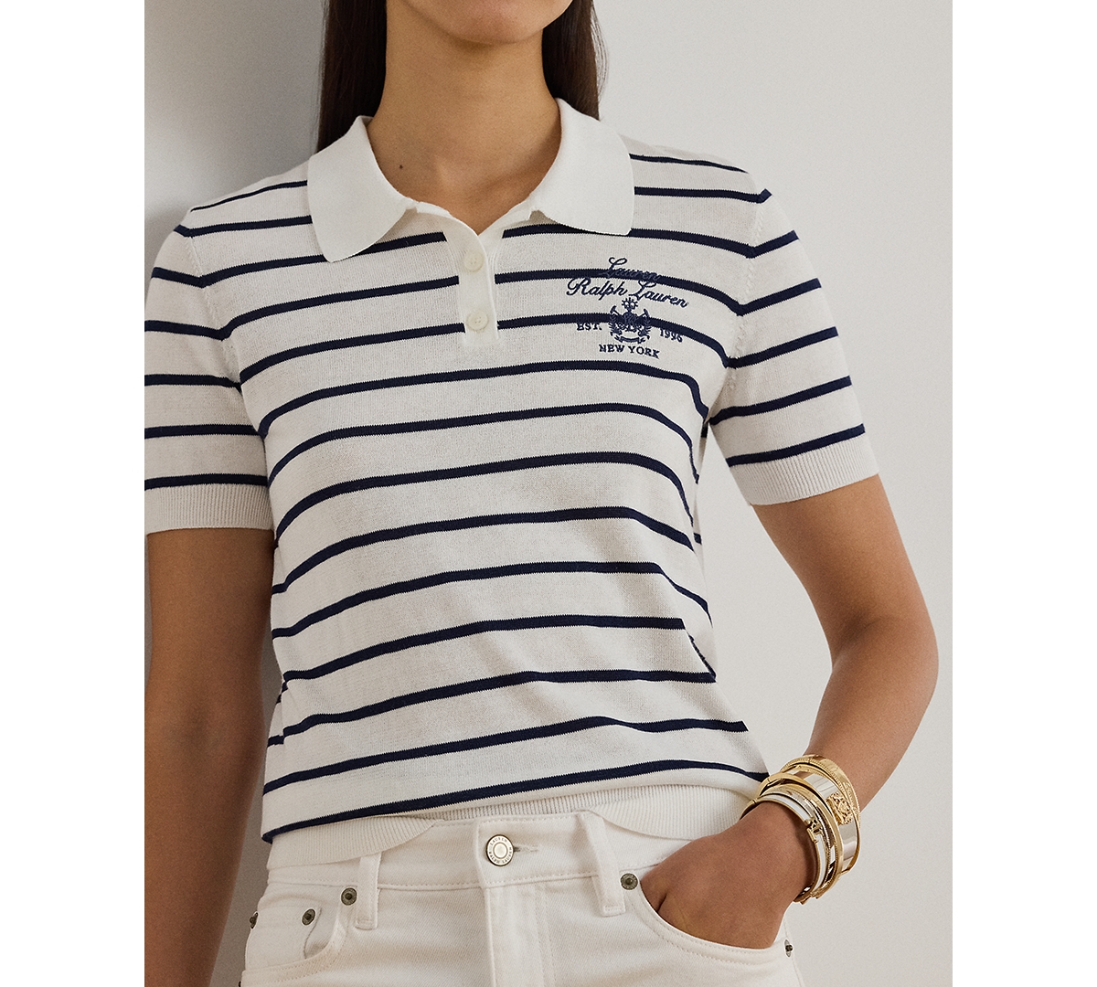 Ralph Lauren Petite Striped Short-sleeve Polo Sweater In Multi
